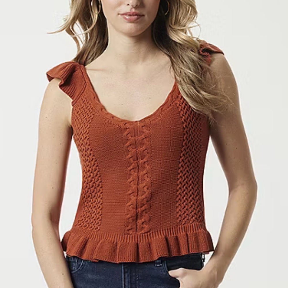 Rust Orange Knit Tank Top Ruffle Hem Boho Sleeveless nwot